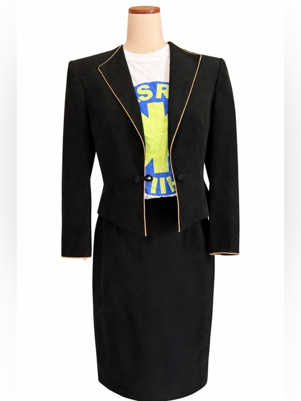 Vintage ultra suede skirt set, suit. Pop of gold. M
